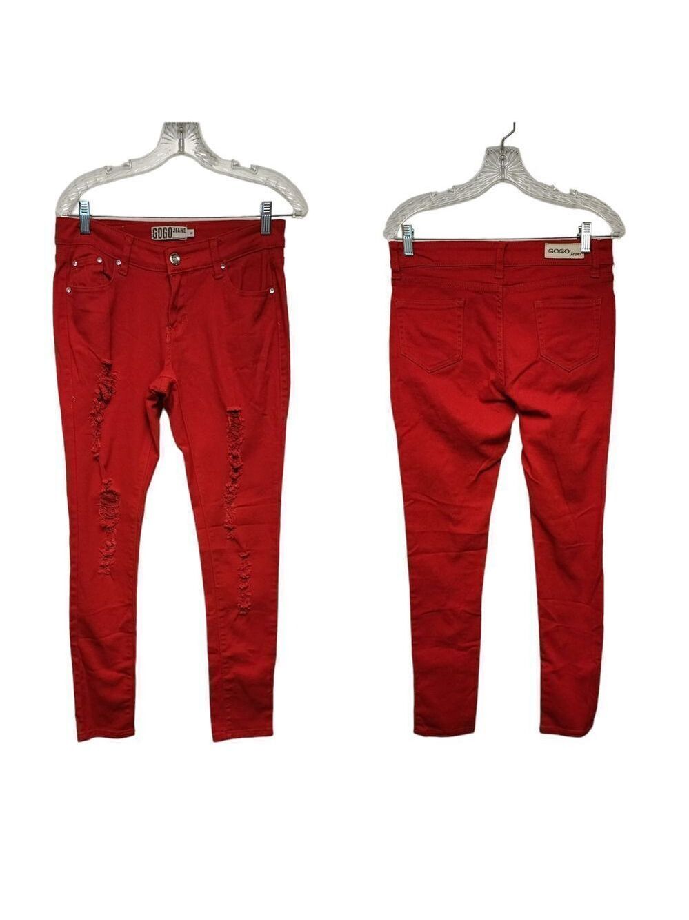 GoGo Jeans Juniors Size 9 Pockets Distressed Fringe Hem Red Skinny Denim Jeans
